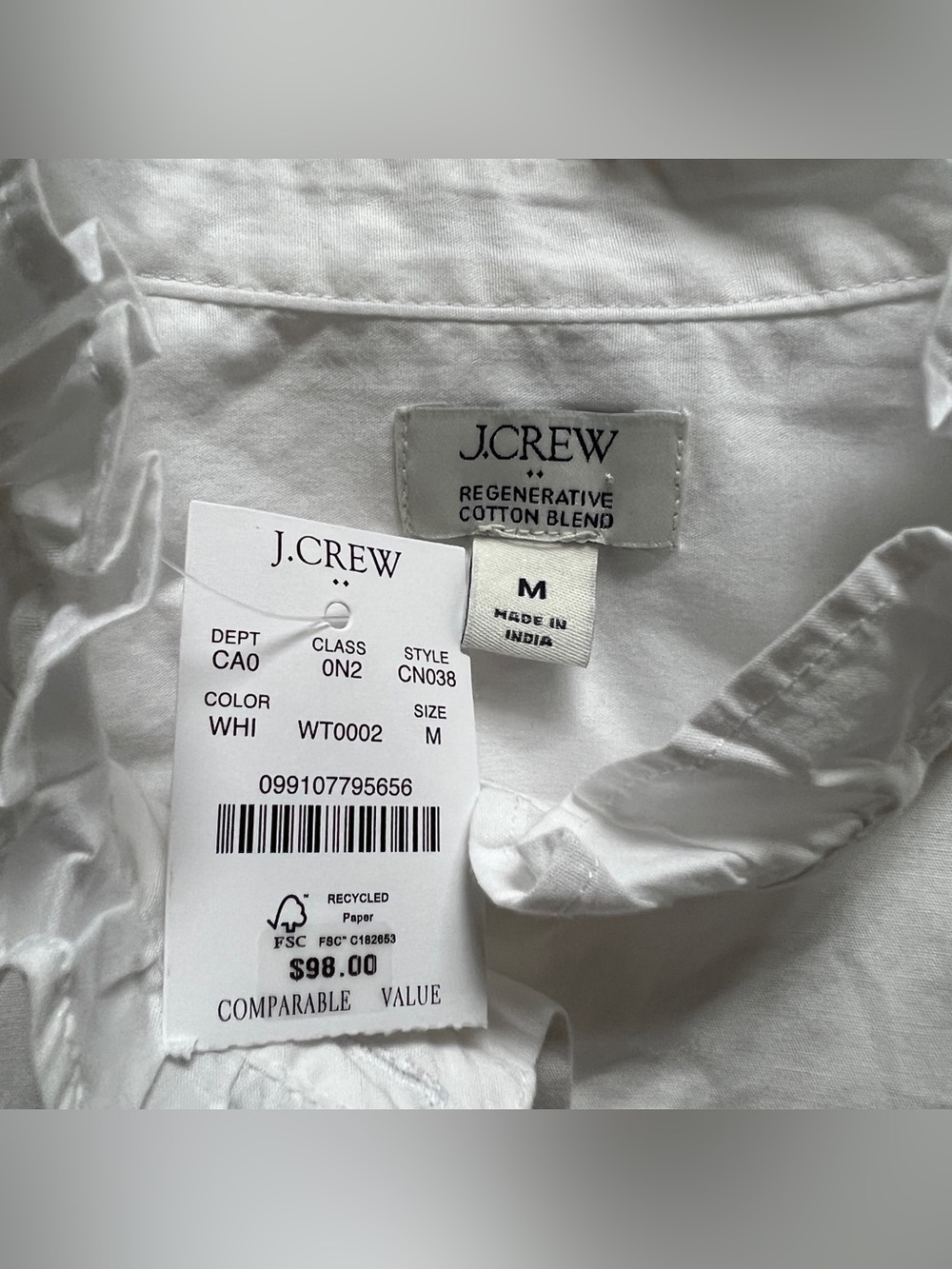 NWT J. Crew Poplin Cotton Blouse Ruffle Peasant Cottage Minimalist Preppy Sz M - Picture 2 of 7